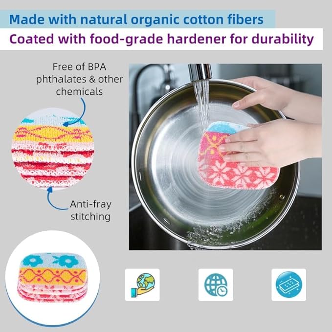 Amarelle Scrub,Eco-Friendly Reusable Dish Scrubbers for Washing Dishes,Soft Safe and Non-Scratch Scrubber, Durable Scouring Pad for Kitchen and Household Cleaning (Sunlit Carnival, 5-Pack)
