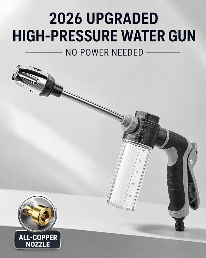 Heavy Duty Garden Hose Nozzle, 2026 Upgraded High Pressure Water Cleaning Jet, Multi-Function Sprayer for Lawn, Yard, Car, Pet, Driveway – Universal Fit 3/4 Inch Thread, No Electricity Needed