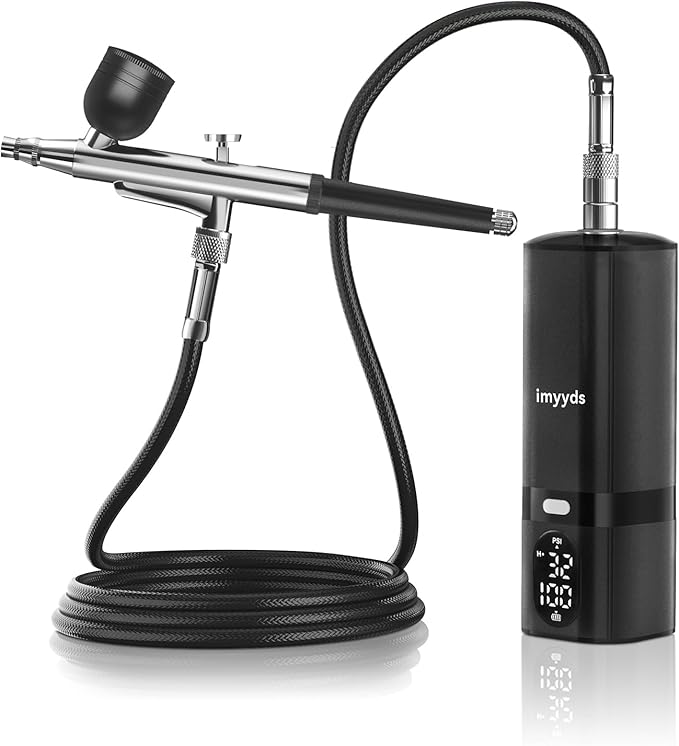 imyyds Airbrush Kit with Compressor, 32 PSI Cordless Air Brush Kit with Air Compressor, LED Display Single-action Airbrush Compressor,Pressure Adjustable Portable Airbrush Kit for Nails,Painting,Model