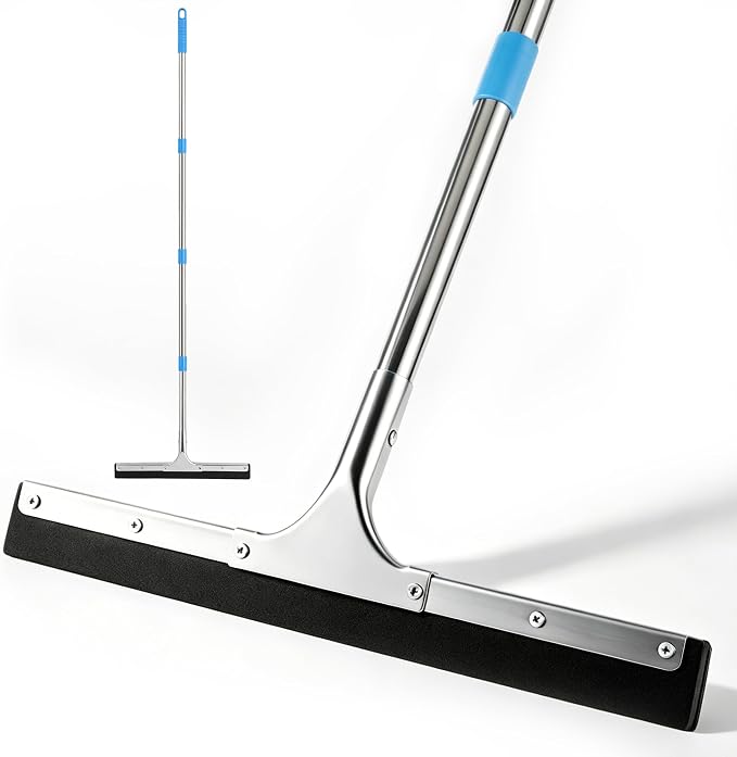 Aodaer Squeegee for Floor Scrubber with Extendable Telescopic Pole Handle | with 2 Pairs Extra Replacement EVA Blades Clip Heavy Duty Household Rubber Broom for Garage, Courtyard, Pool, Tile Bathroom