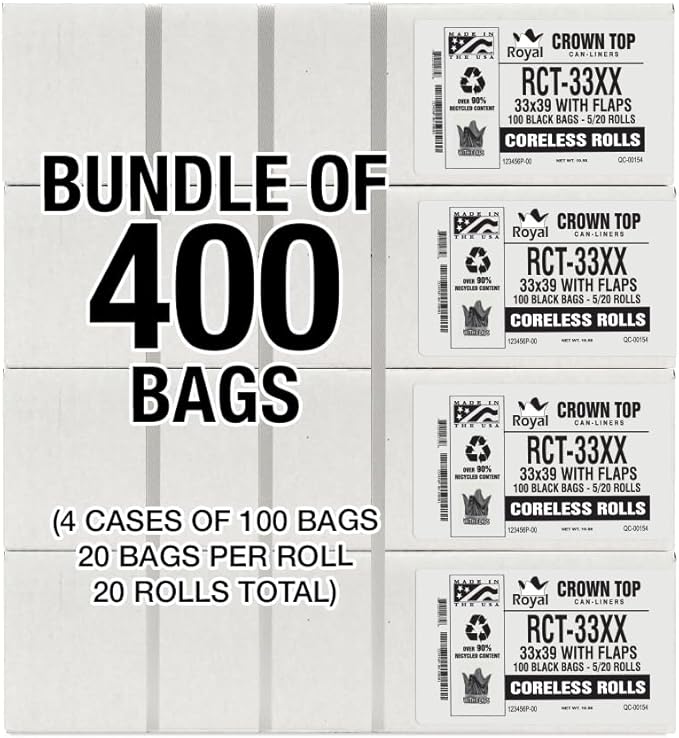Aluf Plastics 33 Gallon 1.7 MIL (eq) Black Heavy Duty Trash Bags with E-Z Tie Flap Closure - 33" x 39" - Pack of 400 - For Industrial, Janitorial, & Contractor, & Hospitality