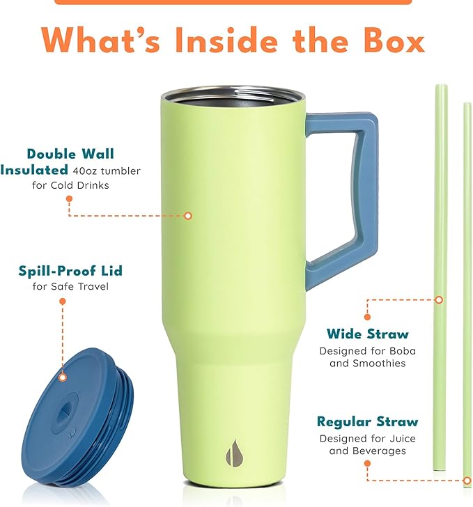 Elemental 40 oz Tumbler with Handle and Straw - Spill Proof Insulated Stainless Steel Commuter for Cold Beverages - Travel Coffee Mug with 2 Straws & Spill Proof Lid - 40oz - Sage Mist