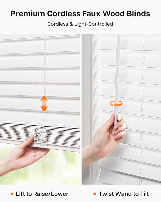 LazBlinds Cordless Faux Wood Blinds with Crown Valance, Room Darkening & Light Control, 2 Inch Horizontal Window Blinds, Blinds for Indoor Windows - 54" W x 60" H, White