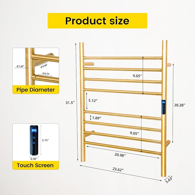 Heated Towel Racks for Bathroom 8-Bars, 23" Wall Mounted Electric Towel Warmer Racks with Timer & Temperature Control,Gold