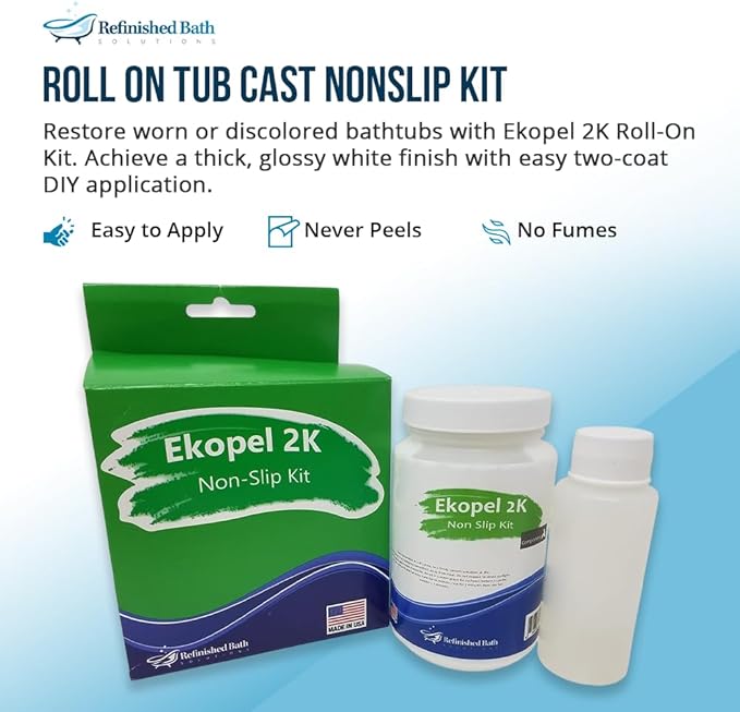 Tub Cast Roll On Bathtub Refinishing Kit by Ekopel – Primer + Top Coat Included – DIY Tub & Tile Reglazing Kit – Bright White Gloss Finish – Longest Lasting PRO/DIY Reglazing Bathtub Paint - Odorless Low VOC Tub Paint Kit – Made in USA (Roll On Non Slip)