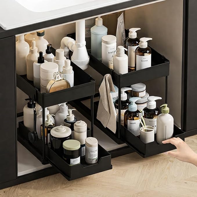Success Goods 2 Pack Under Sink Organizer with Pull Out Drawer – Double Tier Sliding Storage Rack for Kitchen & Bathroom, Cabinet Organizer for Cleaning Supplies (Black)
