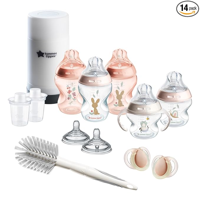 Tommee Tippee Natural Start 14 Piece Baby Bottle, Travel Bottle Warmer & Pacifier Set, 5 BPA Free Bottles, 0+ Months, 2 Newborn Pacifiers, 2 Extra Nipples, 2 Formula Dispensers, Bottle Brush, Pink