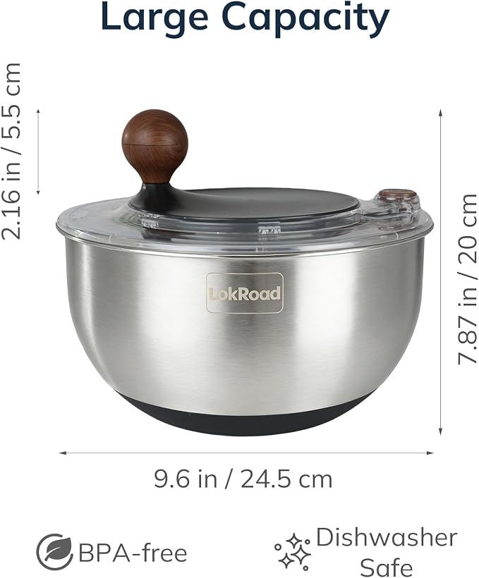Stainless Steel Salad Spinner, 5.3 Qt Large Lettuce & Vegetable Cleaner with Non-Slip Bottom, Quick Stop Button, Dishwasher Safe Fruit Washer, BPA-free, Black