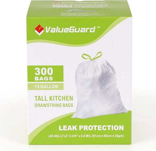 ValueGuard Large Trash Bag 13 Gallon Tall Drawstring 100% Post-Consumer Recycled Garbage Bag Waste Bag for Kitchen Office 0.8 Mil (300 Count)
