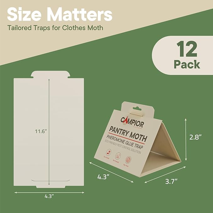 Pantry Moth Traps with Pheromones (12 Pack) – Non‑Toxic, Odor‑Free Sticky Glue Traps for Pantry Moth Treatment & Prevention, Targets Web‑Spinning Food Moths, for Kitchens & Food Storage