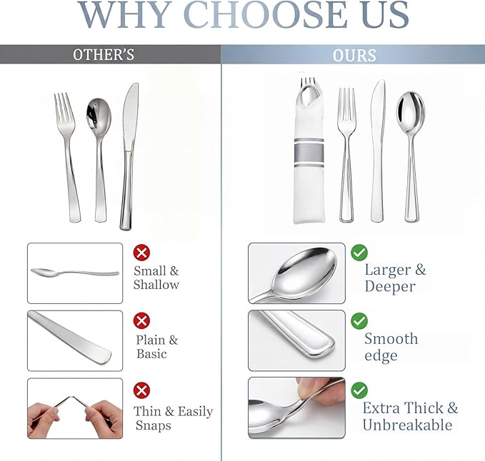 Liacere 100 Pack Silver Plastic Silverware-Pre Wrapped cutlery and Napkin-Pre Rolled Silverware Disposable 100 Forks, 100 Knives 100 Spoons, 100 Napkins Plastic Utensils＆Wedding