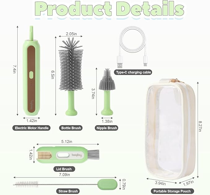 Electric Baby Bottle Brush Cleaner, 5-in-1 Travel Kit with Storage Bag, Food-Grade Silicone, Long Battery Life, Portable Baby Bottle Cleaner Brush Set, Ideal Gift for Parents & Babies (Yellow)