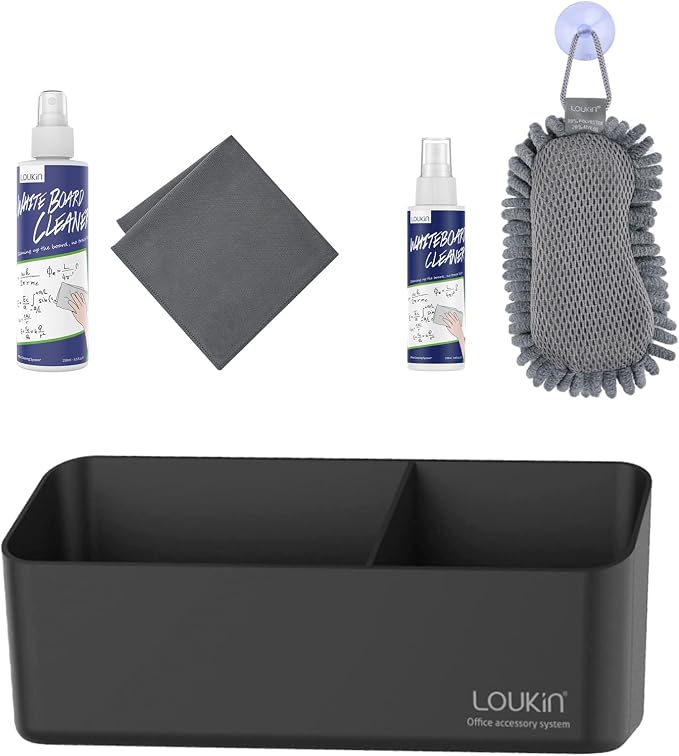 loukin Whiteboard Accessories Bundle | Non-toxic Whiteboard Cleaner Kit (8.5 fl oz) Magnetic and Adhesive Marker Holder (Black) Shag Dry Erase Eraser & Whiteboard Cleaner (3.4 fl oz)