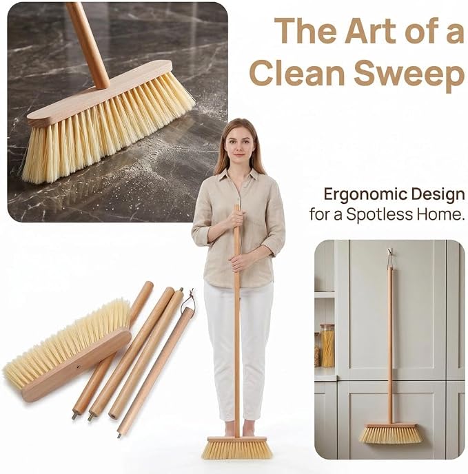 Wood Handle Household Broom - Heavy Duty PET Bristles for Pet Hair & Dust