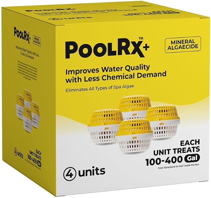 PoolRx+ Mineral Algaecide 4-Unit Pack, up to 6-Month Algae Control, for 100-400 gallons, Yellow & White, New Formula with Silver.