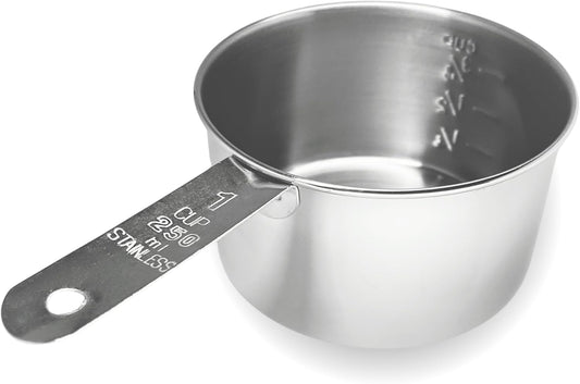 1 Cup Stainless Steel Measuring Cup | Sturdy Metal 250 ml | 240 cc | 8 oz | Single Cup for Wet and Dry Ingredients | Great for use as 1 Cup Dog Food Scoop - 1 PK