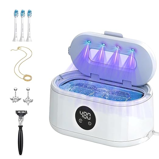 Ultrasonic Jewelry Sunglasses Cleaner Machine with Digital Timer, 5 Time Cleaning Modes, 50 Khz Sonic Jewelry Cleaner for All Jewelry Ring Eyeglass Etc, White