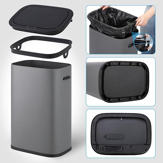 Garvee 13 Gallon Motion Sensor Trash Can, Quiet Close Automatic Touchless Garbage Can, Oval Grey Trash Bin for Kitchen, Home Office