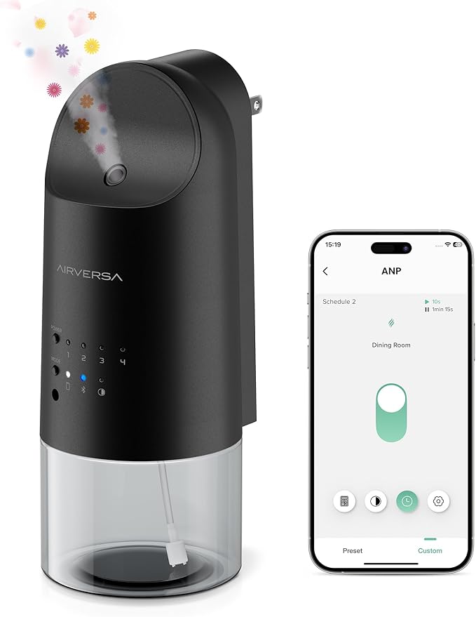 Airversa Smart Waterless Diffuser Plug in Wall for Essential Oils, 160mL, App Control Scent Diffuser with Buttons, Up to 800 sq ft, Oil Diffuser for Home, Room, Spa, Office, Studio, ANP Black
