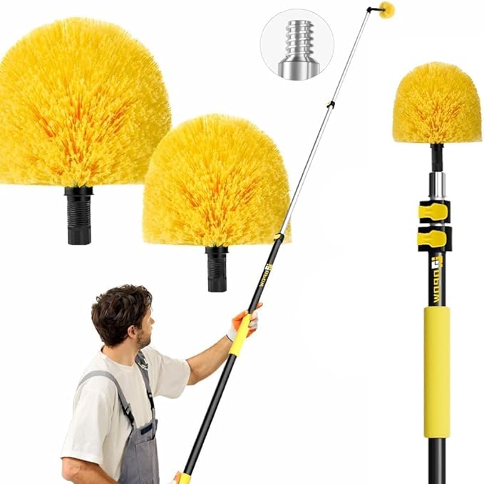 5-12Ft Telescoping Cobweb Duster with Extension Pole, 25Ft High Reach Lightweight Aluminum Duster, 2 Washable Replaceable Spider Web Brush Heads, 270° Swivel Joint for Indoor Outdoor Ceilings/Garage