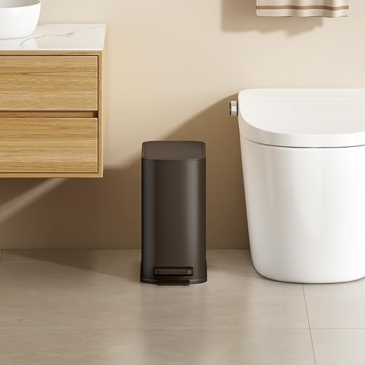 TIPGO Small Bathroom Trash Can with Lid Soft Close, Step Pedal, 1.3 Gallon / 5 Liter Stainless Steel Slim Garbage Can for Office, Diaper Waste Basket with Removable Inner Bucket (Brown)