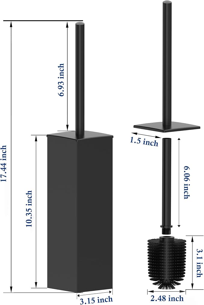 RUACQ Toilet Brush and Holder Set,Square Toilet Bowl Brush for Bathroom with 304 Stainless Steel Handle Toilet Cleaner Brush with Durable Scrubbing Bristles,Splash-Proof (Matte Black)
