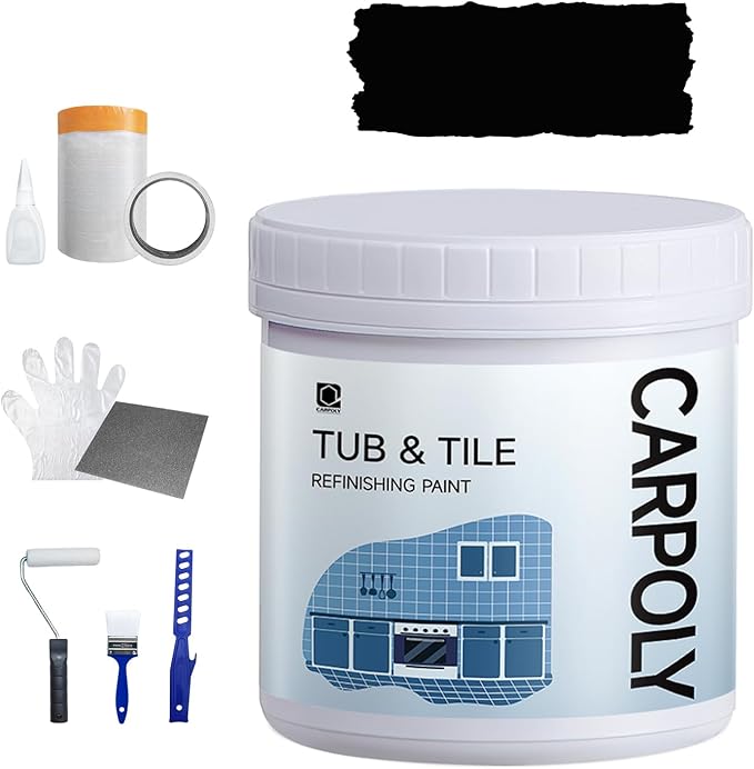 Tile Paint, 17oz Tub and Tile Refinishing Kit with Tools, DIY Bathtub Paint Kit for Bathroom, Water-based|Low Oder, Easy to Use for Kitchen, Porcelain, Floor, Semi-gloss Black, 20-30sq.ft