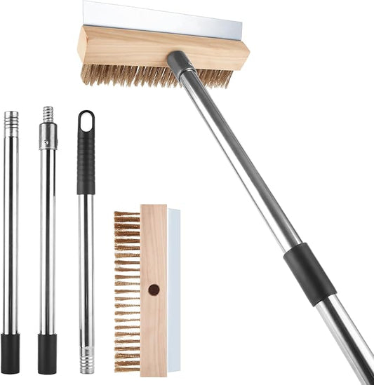 Aluminum Pizza Oven Brush, Grill Brush with Scraper and 3 Sections of Detachable Long Rod Design for Commercial Cleaning, Restaurants, Kitchens, BBQ Shelf Or Any Grill