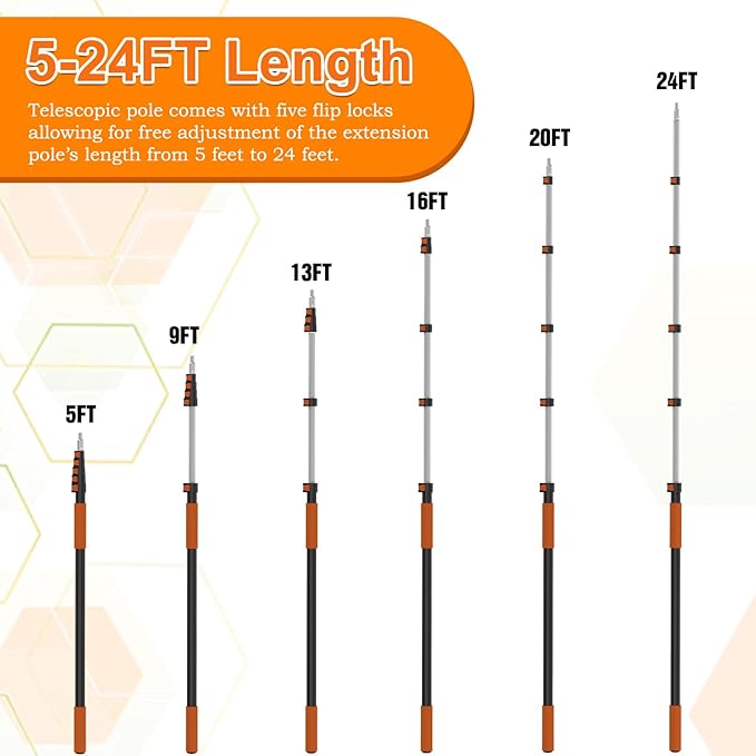 SISUPASSIE Telescoping Extension Pole, Reach to 30FT Telescoping Pole Multi-Purpose 5-24FT Lightweight, Sturdy with Universal Twist-on Metal Tip Extendable for Dusting Painting Window Cleaning
