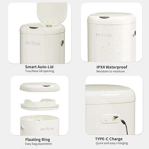 MRBIN Adsorption Metal Kitchen Motion Sensor Trash Can Removable, 30L / 7.9gal Automatic Absorbing Bag Lidded Garbage Bin with Wheels, Commercial Waste Basket for Office and Bedroom, Bathroom, White