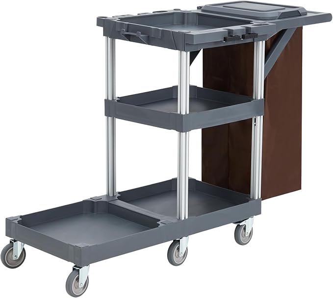 Commercial Traditional Janitorial 3-Shelf Cleaning Cart on Wheels with Cover and Vinyl Bag, Custodial Cart, Housekeeping Carts for Hotels, Stores, Schools, and Business