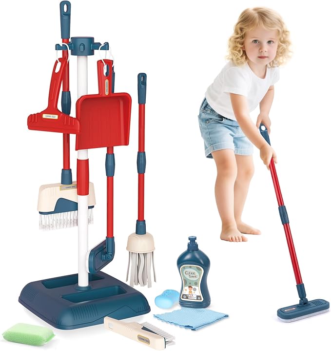 Toddler Toys Cleaning Set, Kids Cleaning Toy Stand Set, Pretend Play Home Cleaning Tools Toys Playset，Broom, Dustpan, Mop, Duster
