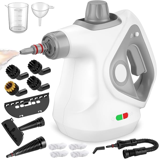 Handheld Steam Cleaner for Home, Pressurized Portable Steamer for Cleaning with 15 Accessories for Multi-Surface Cleaning, Floors, Tiles, Grout, Kitchen, Bathroom, Couch & Car(Gray Cap&Gray Handle)