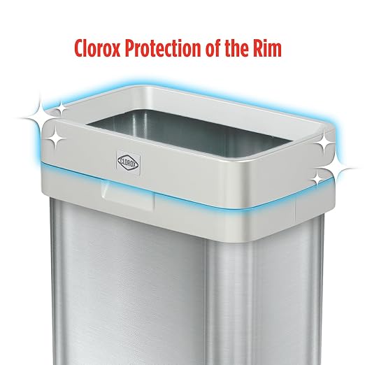 Clorox 13 Gallon Trash Can - 50L Slim Open Top Garbage Bin for Commercial Spaces, Kitchen, Office - Narrow Rectangular Stainless Steel Body with Hinged Rim Protection