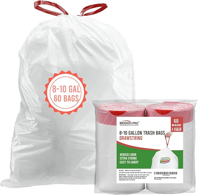 BEIDOU-PAC Trash Bags 8-10 Gallon Drawstring, 60 Count Garbage Bags, Large Kitchen Trash Bags, Odorless & Heavy Duty White Plastic Food Scrap Bags for Bathroom Bedroom Office Waste