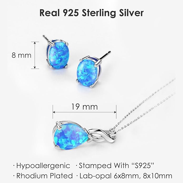Mints Opal Jewelry Set Sterling Silver Pendant Necklace Stud Earrings October Birthstone Gemstone Fine Jewelry for Women