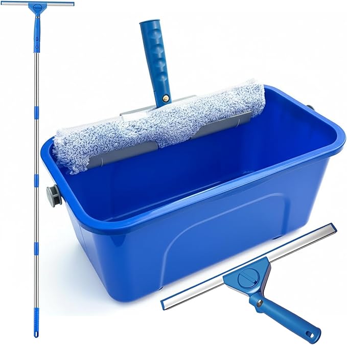 Window Cleaning Kit with 3 Gallon Bucket, 14 Inch Squeegee and Scrubber, 60 Inch Long Handle Window Cleaner Tool, Professional Window Washing Equipment for Home, RV and Commercial Use