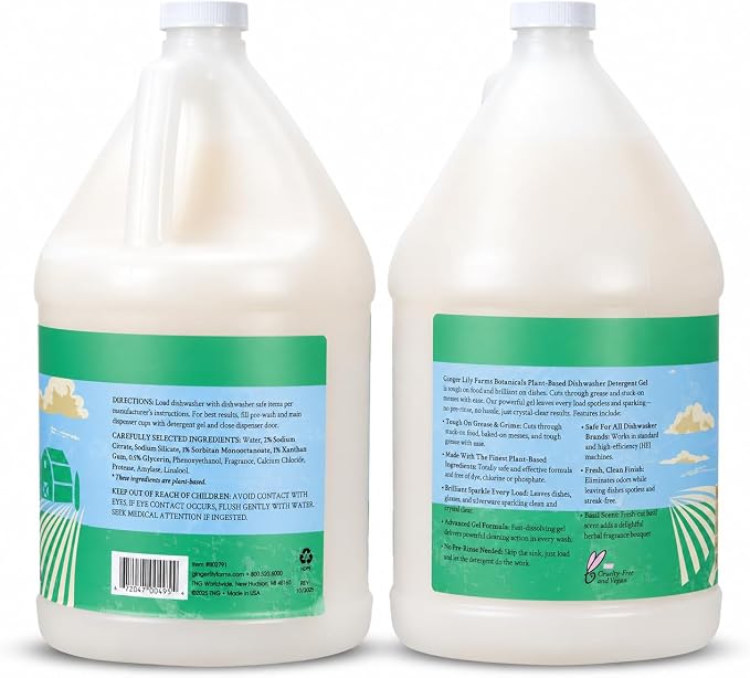 Ginger Lily Farms Plant-Based Dishwasher Detergent Gel, Basil Scent, 1 Gallon Refill (Pack of 4), Eco-Friendly, 100% Vegan & Cruelty-Free
