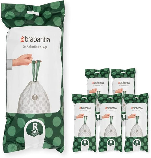Brabantia PerfectFit Trash Bags (Size R/9.5 Gal) Thick Plastic Trash Can Liners with Drawstring Handles (120 Bags)