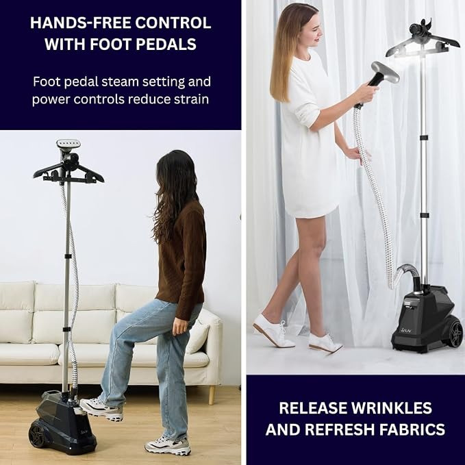 SALAV Commercial-Grade Standing Garment Steamer for Clothes with Auto-Off Safety 1800W Powerful Steam X-Large 3L Water Tank, 90-Min Continuous Use, Pedal-Control System, Beeps when Out of Water, Navy