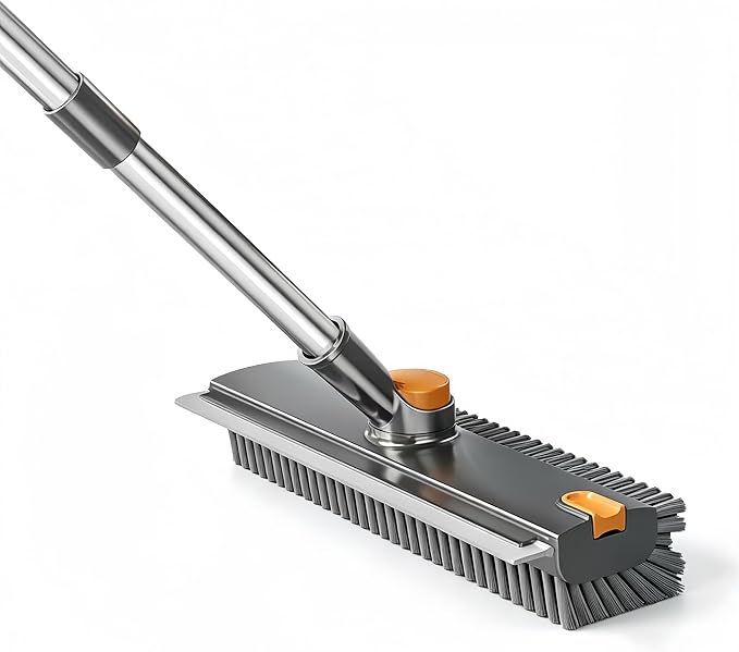 360° Rotatable Floor Scrub Brush - 55 Inch Adjustable Long Handle 2in1 Scrub Squeegee Hidden Hair Catcher V-Type Gap Cleaner for Bathroom Kitchen Patio (Gray)
