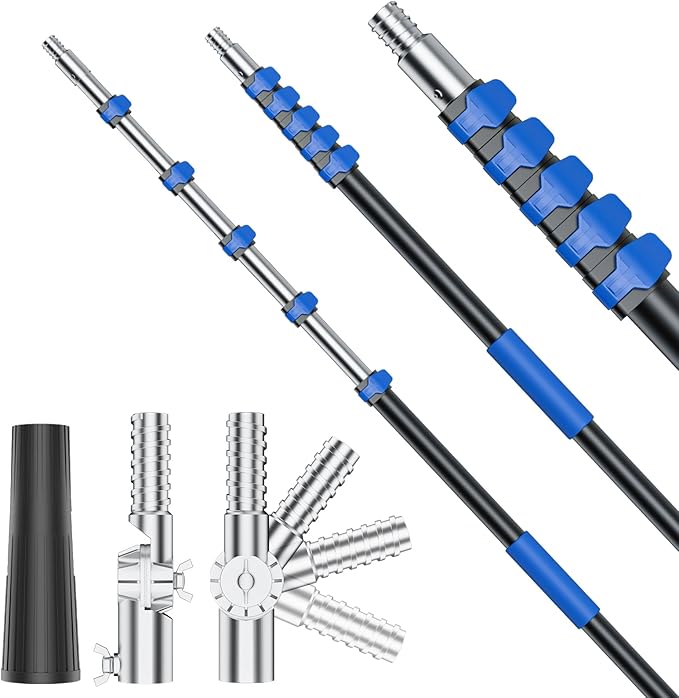 Telescoping Pole, 5-24 Ft with Joint Angle & Squeegee Adaptor, Aluminum Telescopic Paint Roller Extension Pole & Extendable Pole, Anti-Slip Foam Grip, Multi-Purpose Gutter Window Dust Cleaning Pole