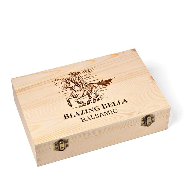 Blazing Bella Flavored Balsamic Vinegar Gift Set in Wooden Box – Balsamic Sampler Set with Fig, Peach, Strawberry, Raspberry & Barrel-Aged Balsamic – Balsamic Vinegar from Modena, Italy – 5 × 100ml Bottles