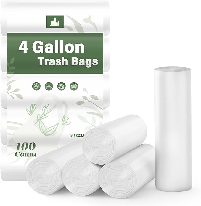 Jaoul 4 Gallon Trash Bags, Small Garbage Bags, Unscented Strong Bathroom Garbage Bags, Small Trash Bags 4 Gallon for Office Restroom Car, White, 100 Counts