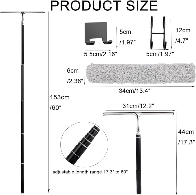 17.3″-60″ Extendable Shower Squeegee with Long Handle - Metal Window Squeegee with Extension Pole for Shower Glass, Home High Window, Floors