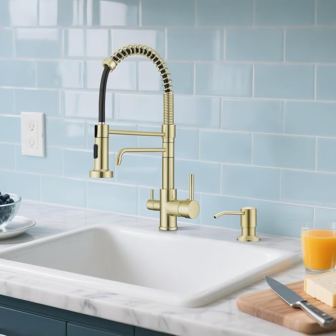 Built in Sink Soap Dispenser Brushed Champagne Gold with Long Spout for Kitchen Sink, Stainless Steel Pump Head with 17 OZ Large Capacity Bottle