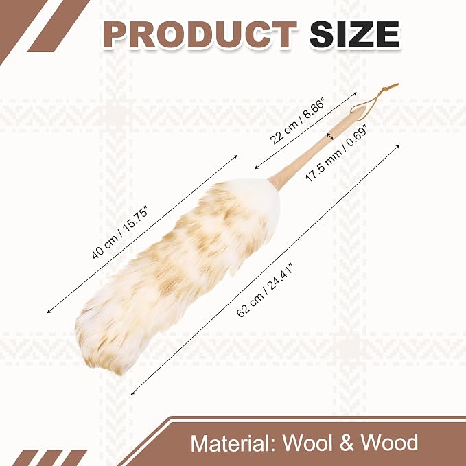 uxcell Wool Duster, 24.4" Natural Feather Cleaner Household Cleaning Duster with Solid Wooden Handle for Cleaning Fans Window Blinds Shelves Furniture, White Coffee