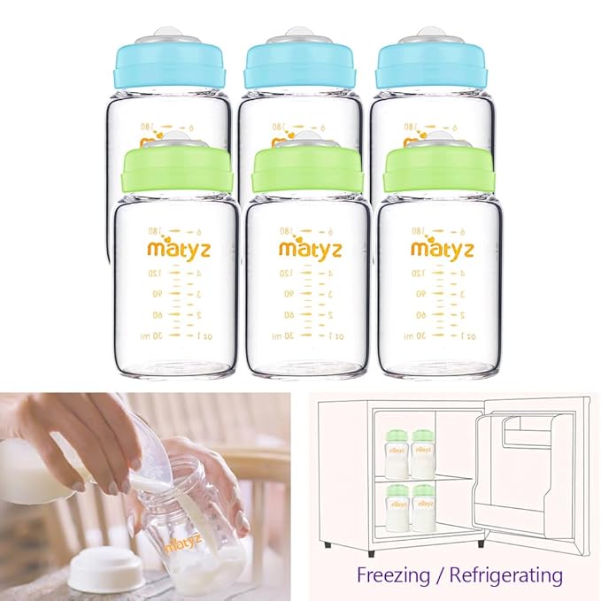 Matyz Glass Breastmilk Storage Bottles, 6 Pack, 6 oz, Sturdy Glass Bottle for Milk Freezing and Baby Feeding - Pumping Bottle for Philips Medela Spectra Breast Pumps - No BPA (3 Green & 3 Blue Lids)