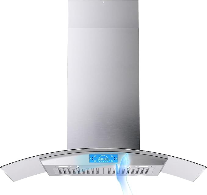 FIREGAS Island Range Hood 36 inch 700 CFM, Island Mount Kitchen Vent Hood with Tempered Glass, 4 LED Lights, 3 Speed Fan,Touch Control,Permanent Filter,Charcoal Filter, Stainless Steel,Ceiling Mount