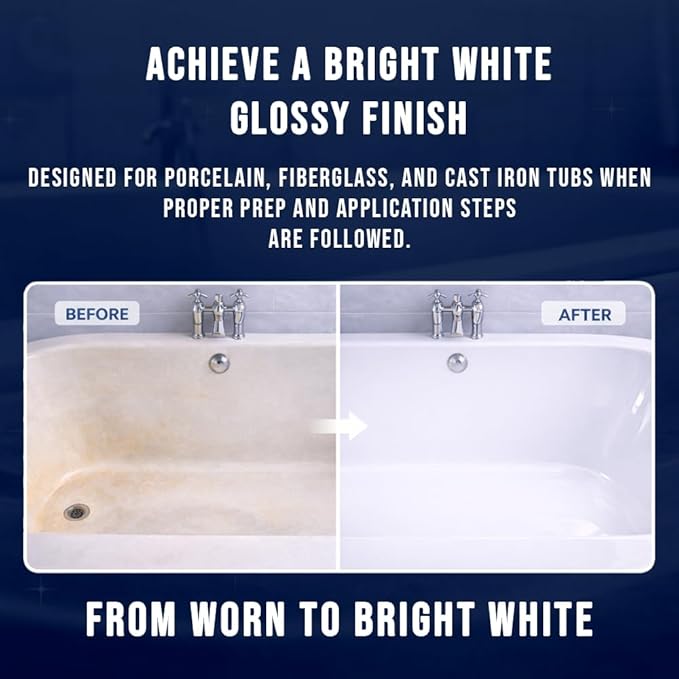Ekopel Roll On Tub Cast Bathtub Refinishing Kit – Primer + Top Coat Included – DIY Bathtub & Tile Reglazing Kit for Porcelain, Fiberglass & Cast Iron – Bright White Gloss, Low Odor, Made In The USA Tub Paint (1 Pack Standard Bathtub)